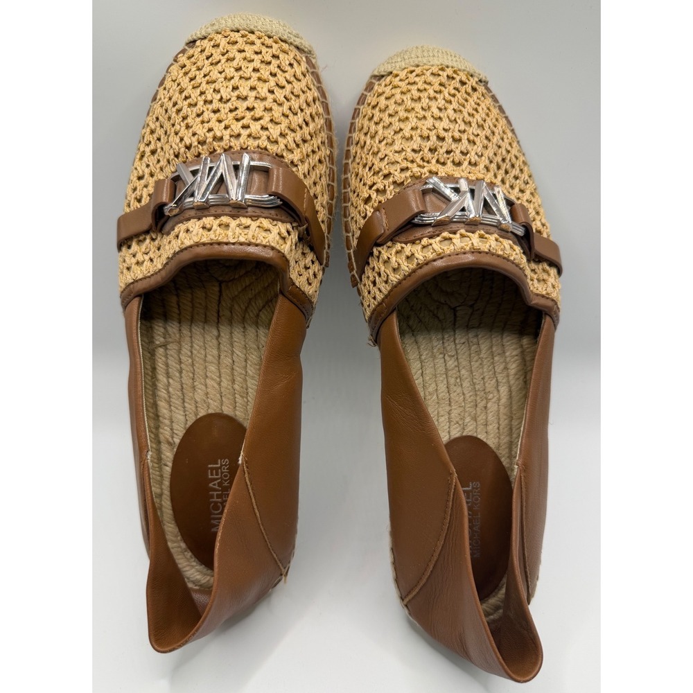 Michael Kors Espadrille Flats Womens 8.5 Brown Excellent Woven Leather MK Logo